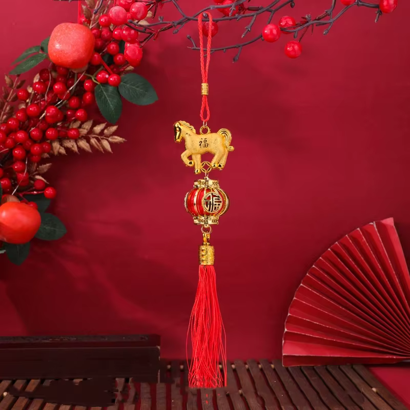 Pendentif lanterne du zodiaque festif 2026 du cheval, nouvel an chinois, or rouge, décoration porte-