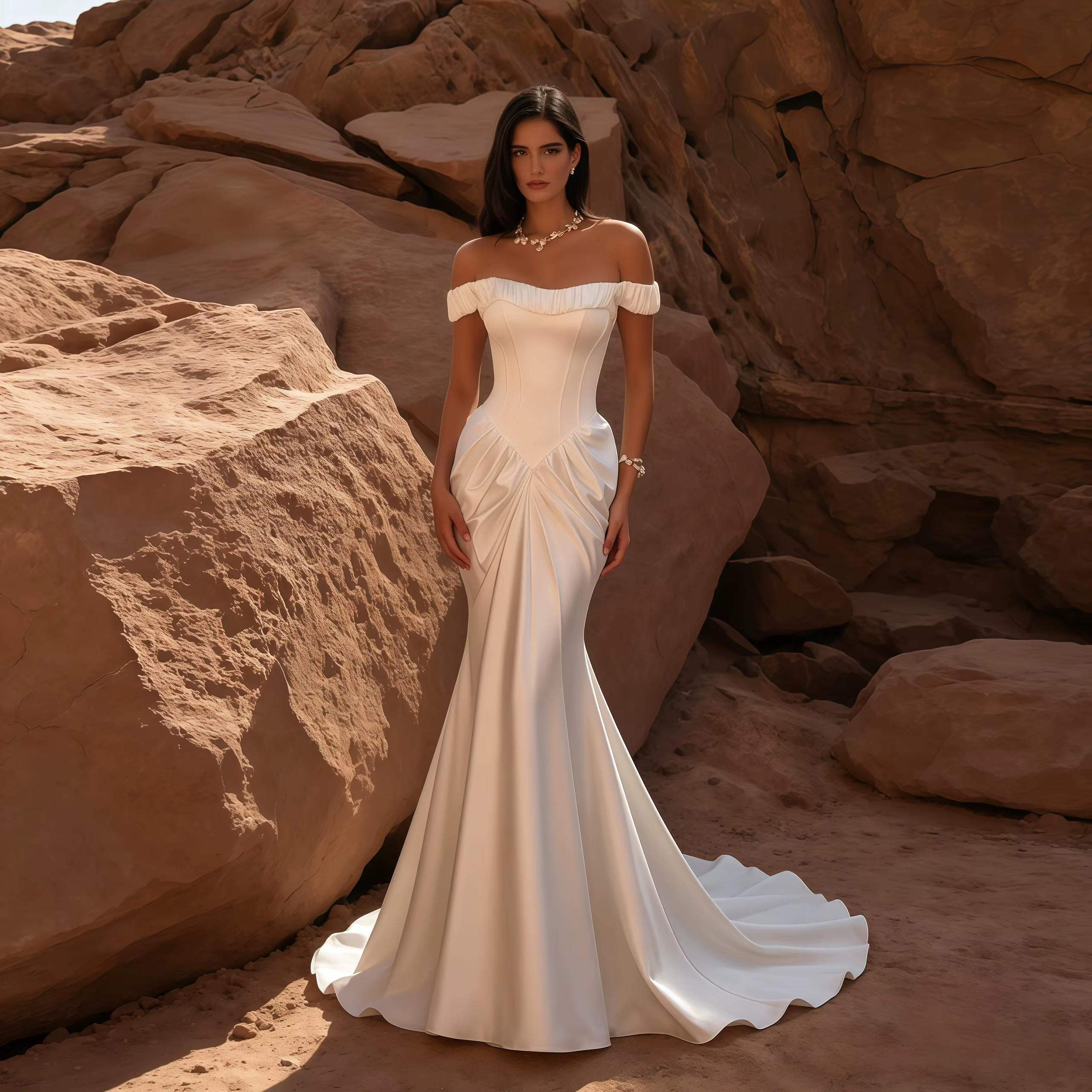Robe de mariée sirène en satin personnalisée, épaules dénudées, décolleté cœur, dos nu, longueur ras