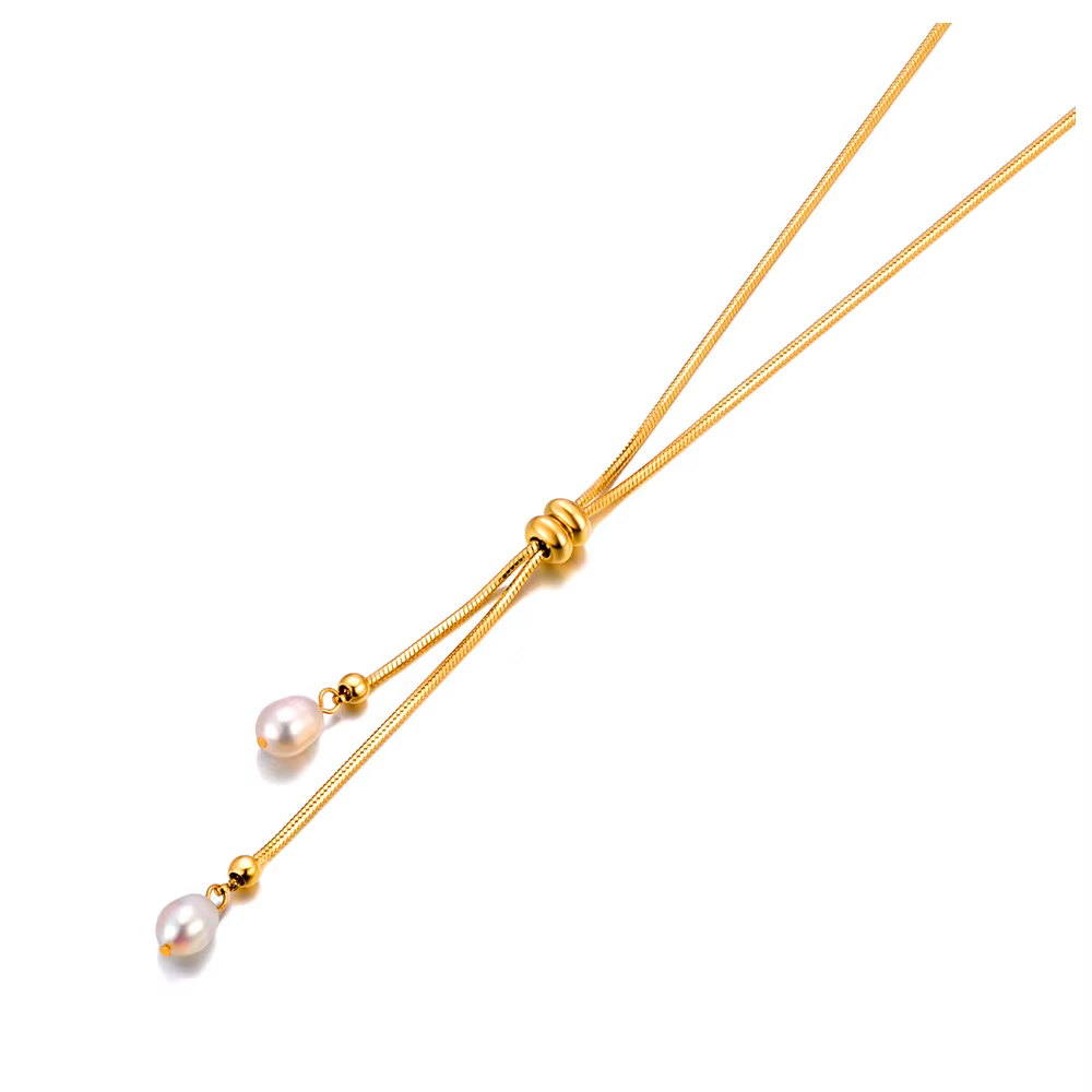 JeeMango-Collier pendentif en perles d'eau douce naturelles pour femme, acier inoxydable exquis, bij