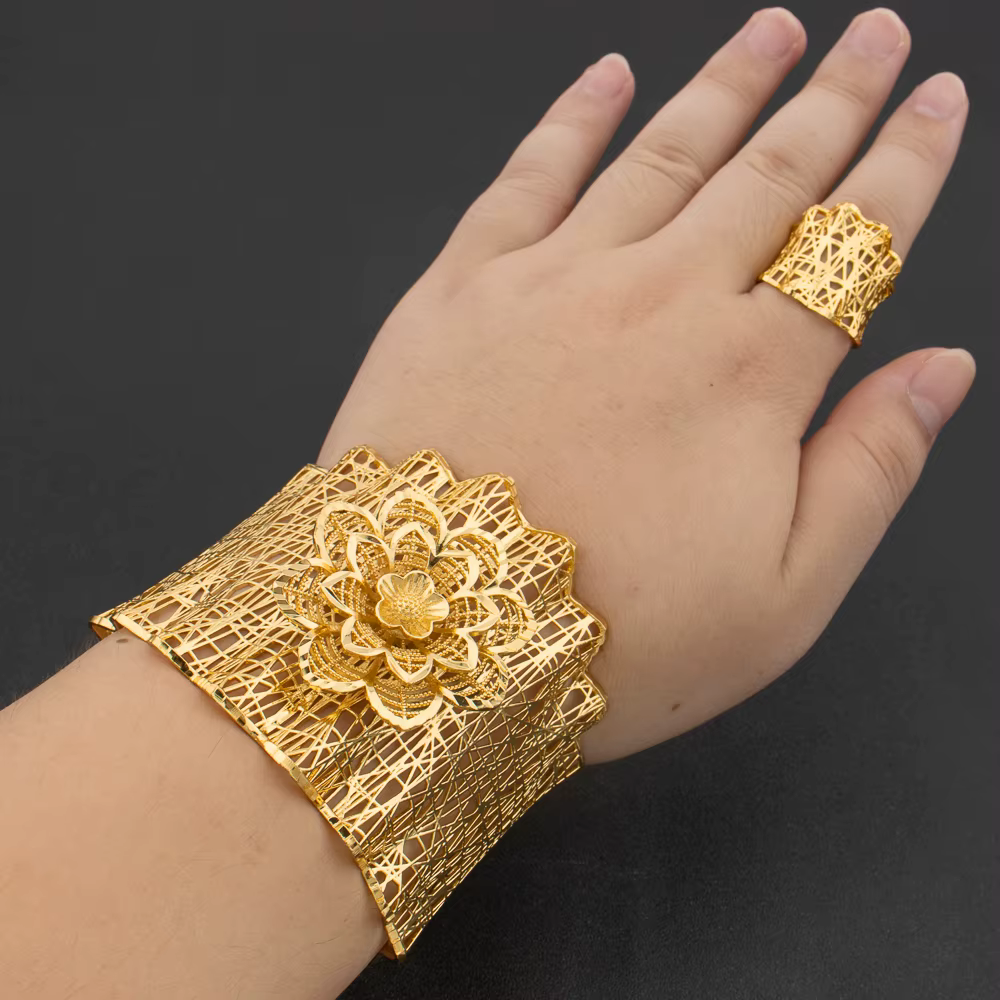 Ensemble de bijoux de luxe arabe plaqué or pour femmes, grand Bracelet en cuivre, Design de bague ré