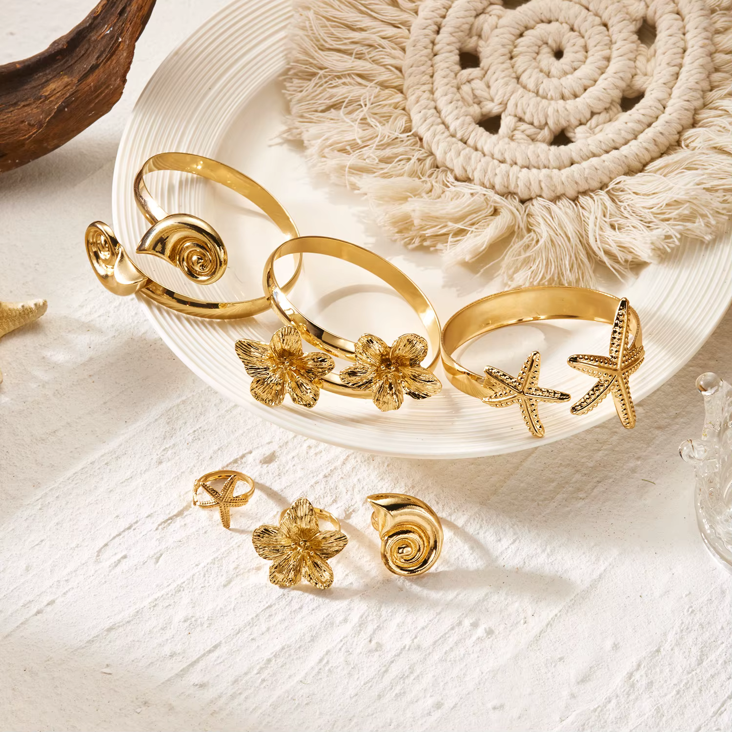 Ensemble bague et bracelet coquillage étoile de mer pour femme, bague ouverte fleur bohème, bracelet