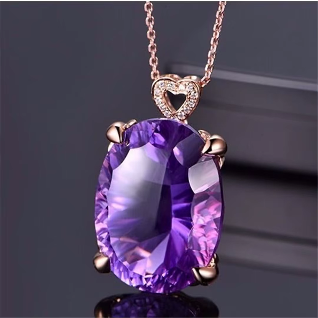 Pendentif en Quartz Naturel Violet, Bijou en Argent, Pierre de Guérison, Perle Ovale à Facettes, 20x
