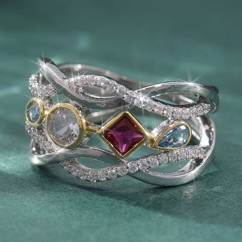 Bague vintage bicolore incrustée de CZ blanc, rouge et vert pour femme, bijou géométrique ajouré pou