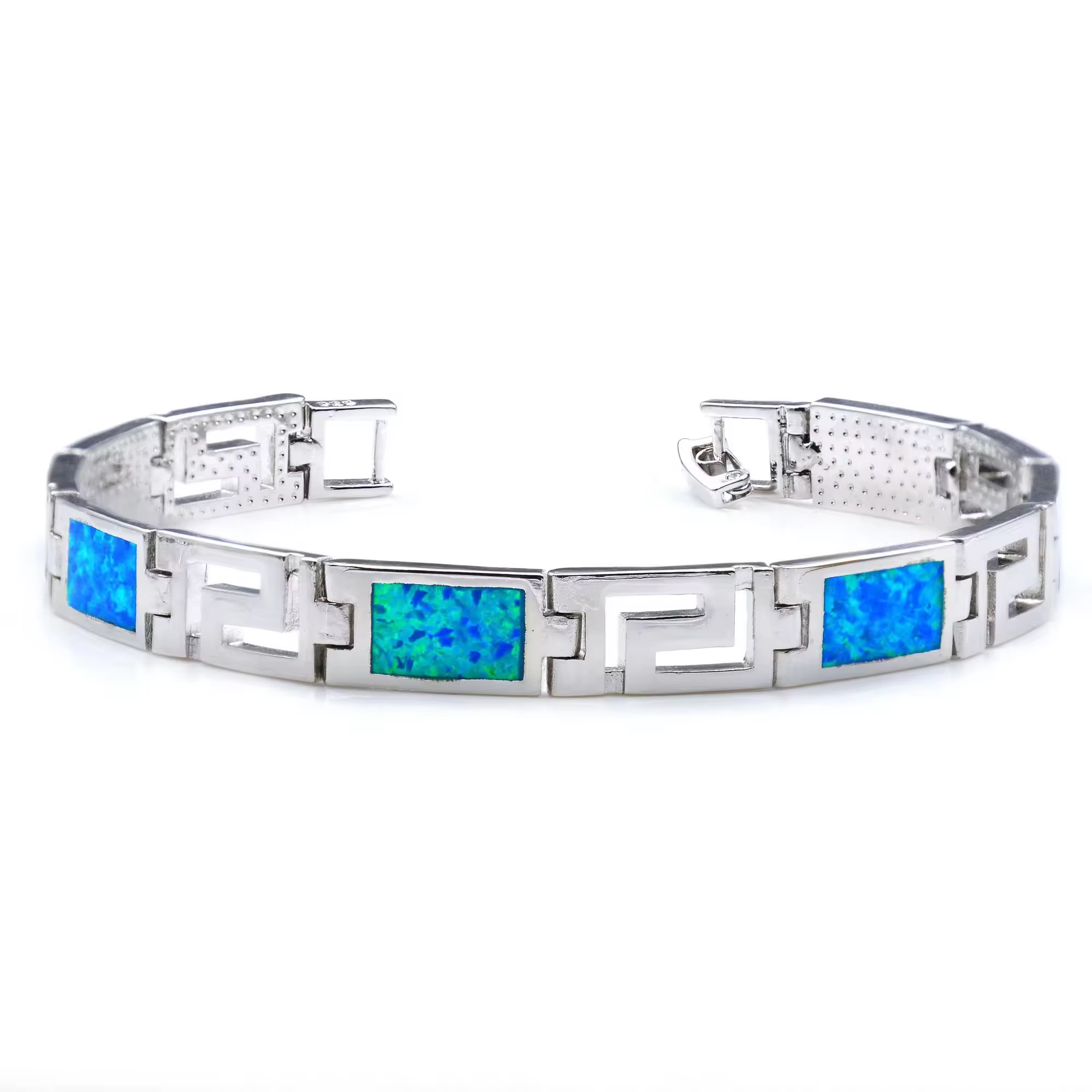 Bracelet opale clé grecque, chaîne de couleur argent avec opales synthétiques bleues irisées, vêteme