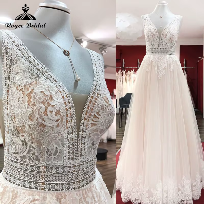 Robe de mariée vintage bohème champagne, appliques en dentelle, col en V, train de balayage, robe éd