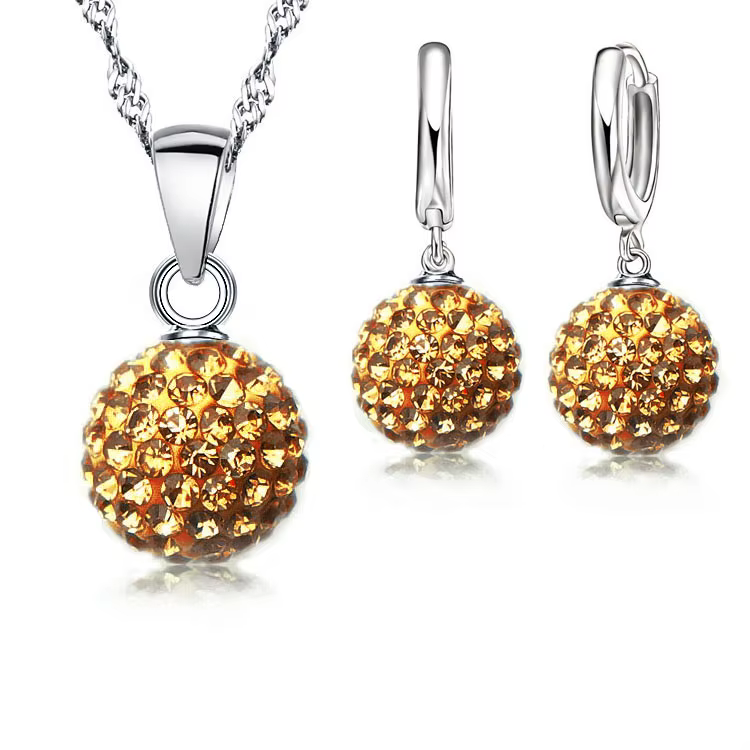 Ensemble de bijoux en argent regardé 925 pour femme, boule de cristal autrichienne, boucle d'oreille