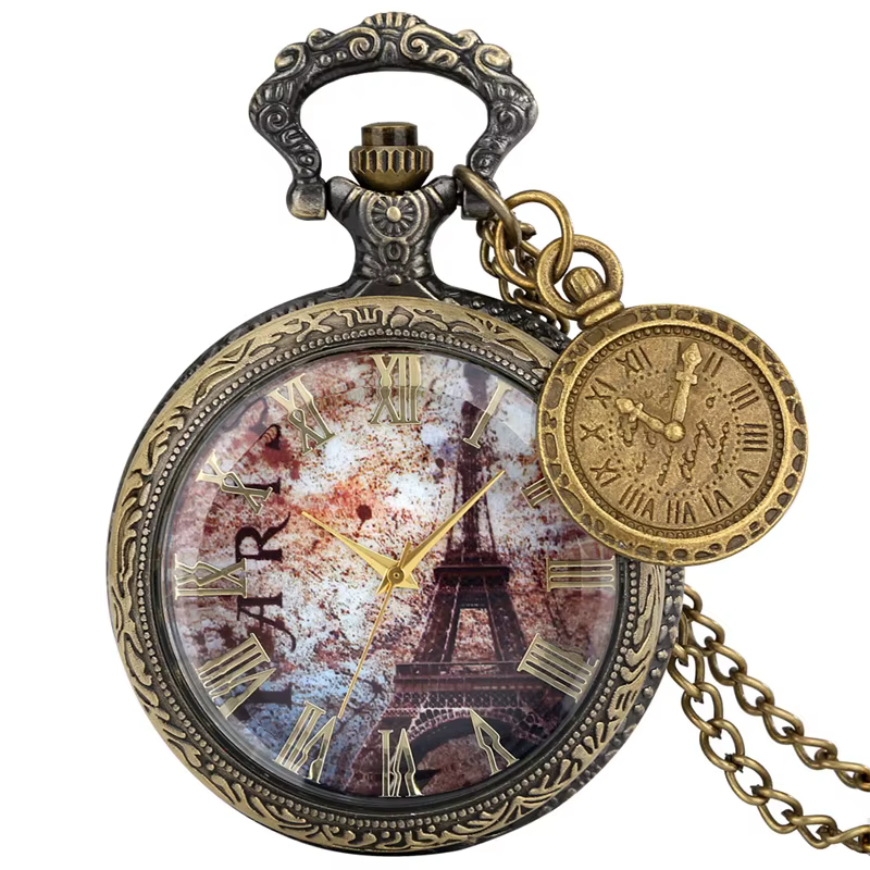 Montre de poche à quartz style antique romantique Tour Eiffel Paris, demi-chasseur, pour hommes et f
