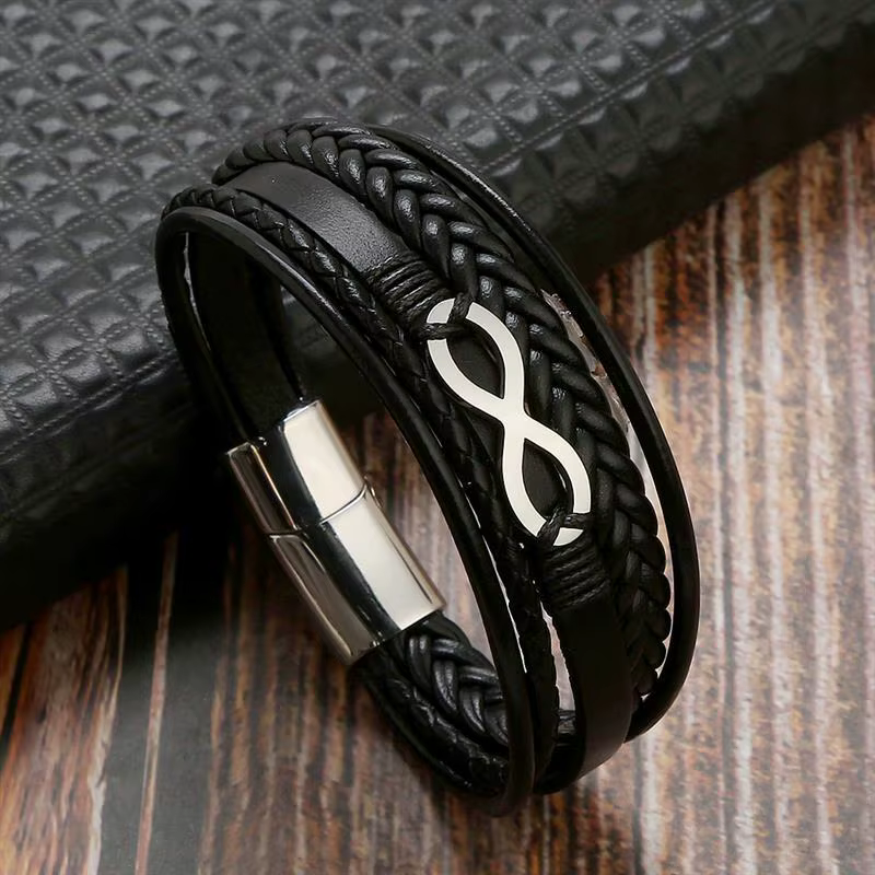 Bracelet en cuir multicouche pour hommes, breloque symbole infini, en acier inoxydable, Punk, bijoux