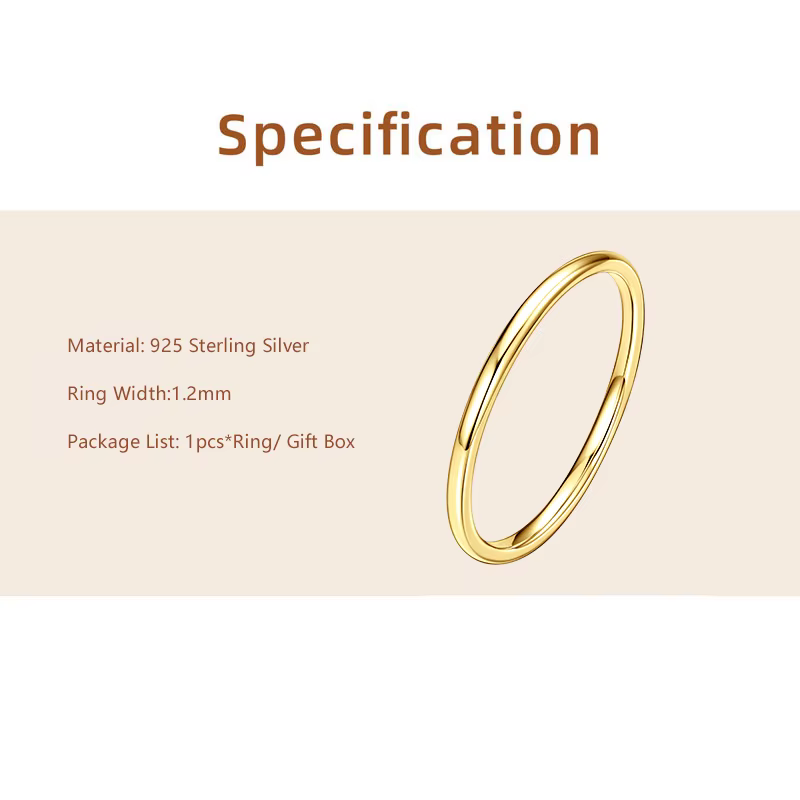 Lnngy 14K plaqué or bague Anillo Plata 925 en argent Sterling 1.2mm largeur anneaux lisses pour les 