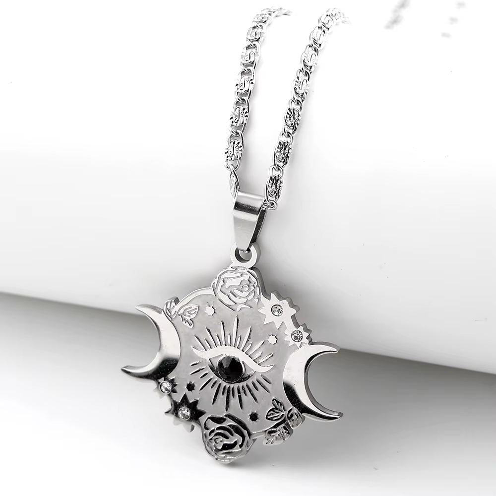 Collier Pendentif Triple Lune Déesse Œil Noir pour Femme et Homme, en Acier Inoxydable Doré, avec Ch
