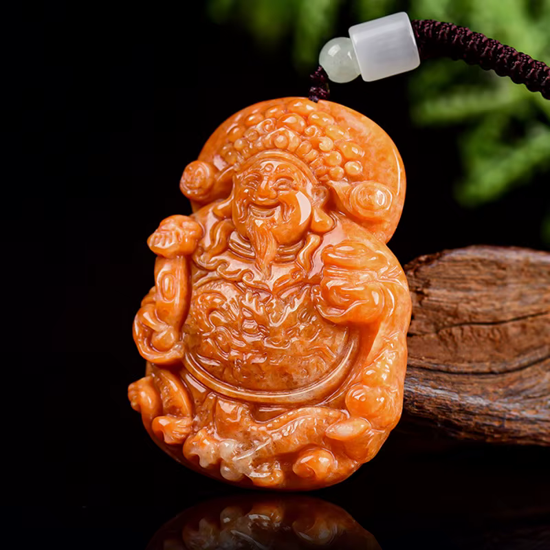 Real Natural Jade Burnt Red God of Wealth Pendant Necklace Carved Charm Jadeite Jewelry Fashion Amul