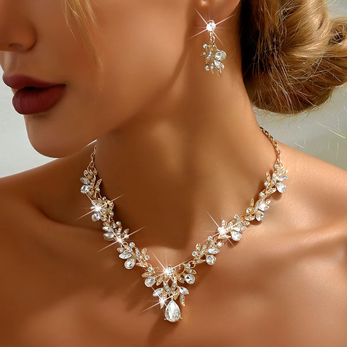 Coffret de bijoux en cristal motif fleur et feuille, multicolore, exquis, avec collier et boucles d'