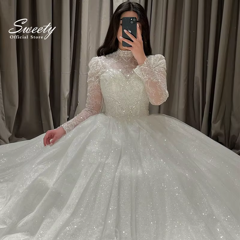 Robe de Mariée de Luxe avec Broderie de Dentelle et Paillettes, Tenue de Bal à Manches sulf, Col Hau