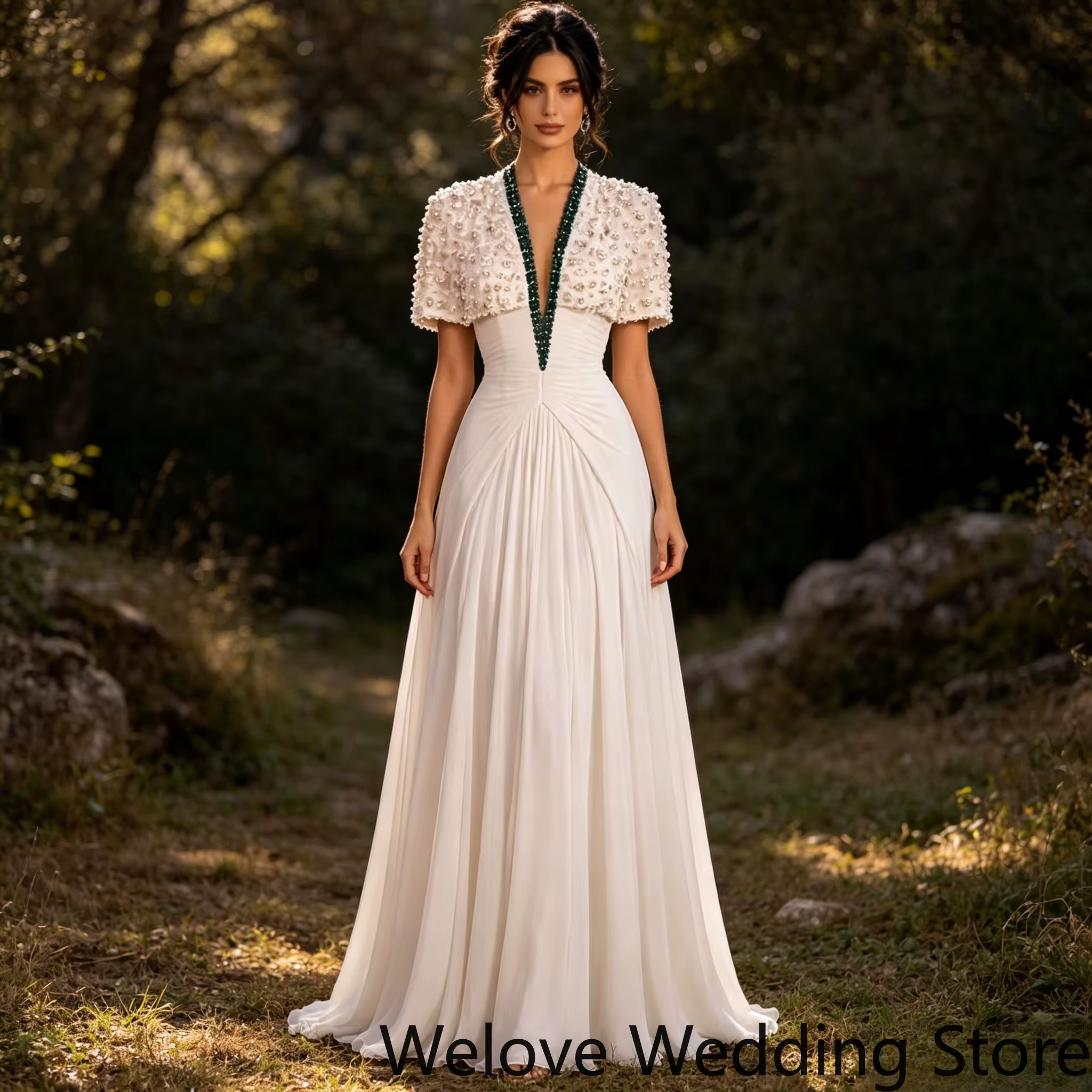 Robe de mariée d'extérieur style bohème personnalisée avec haut entièrement perlé à manches courtes 