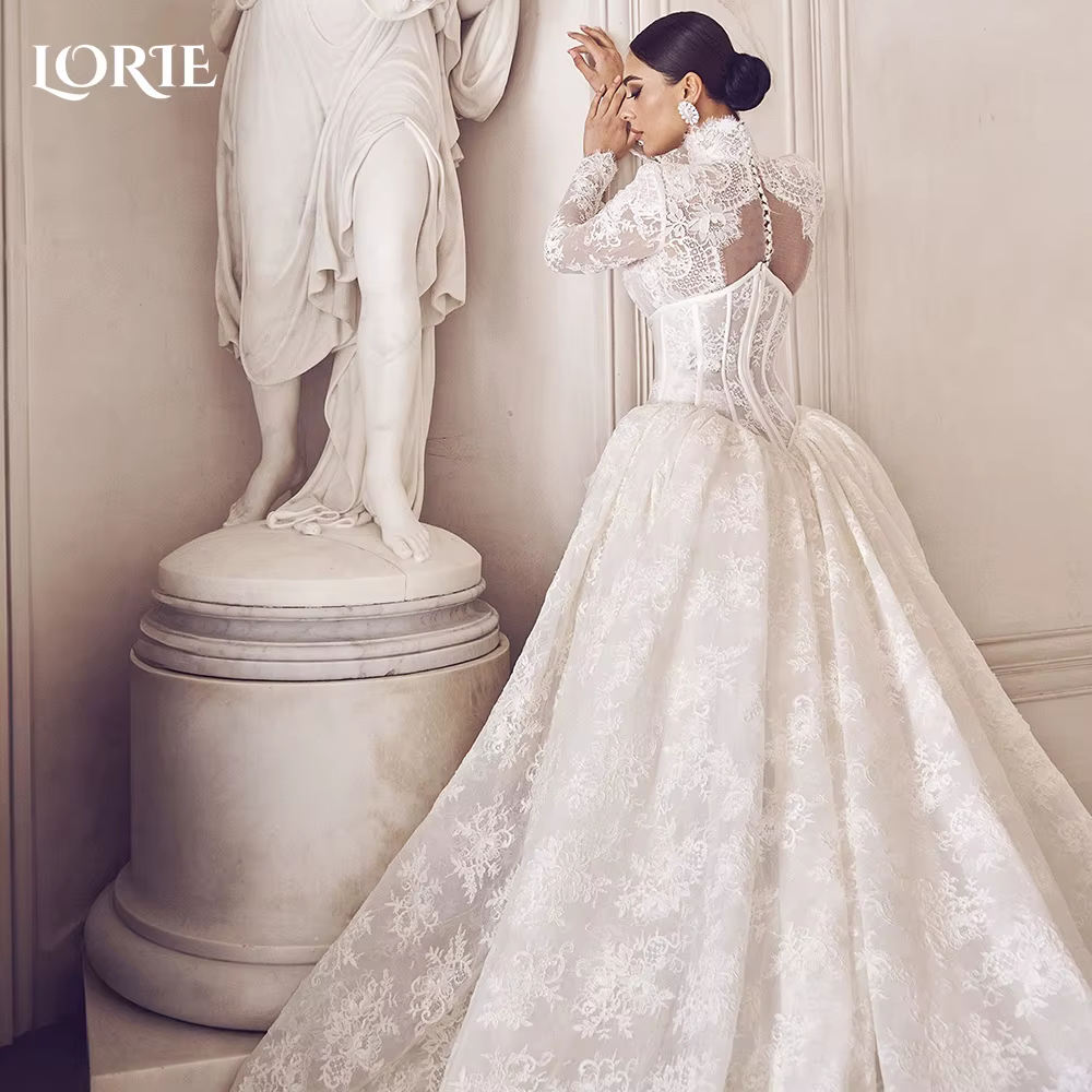 LORIE-Robe de Mariée Arabe en Dentelle, Manches sulf, Col Haut, Bouffante, Appliques, Corset, Bouton