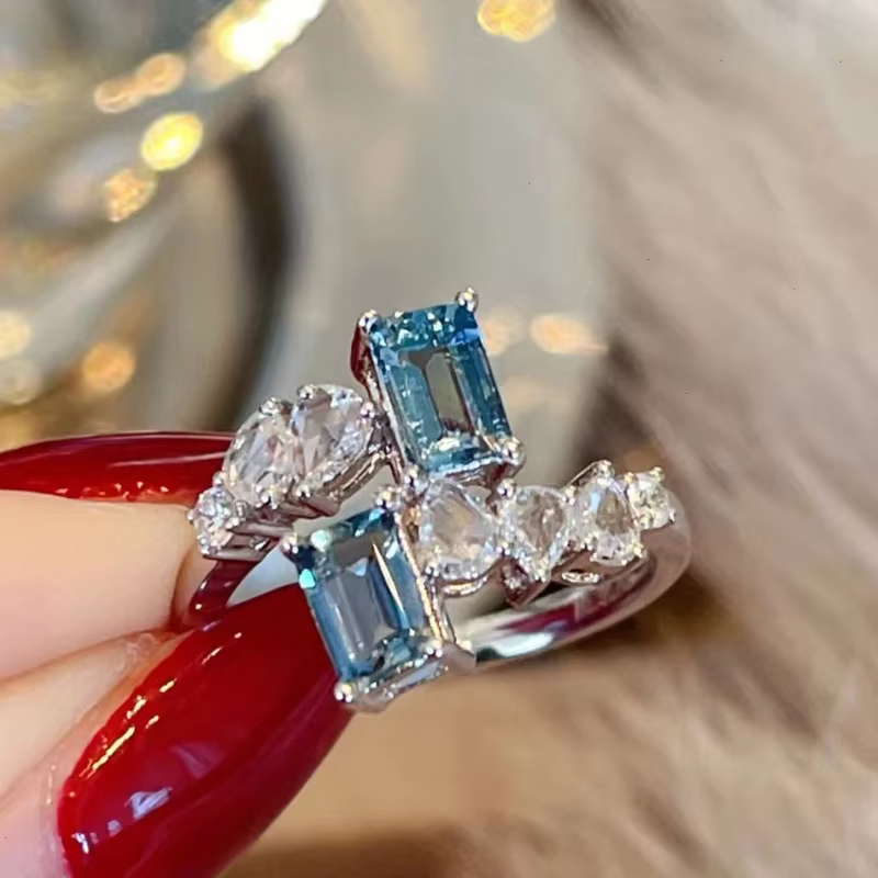Bagues en argent 925 pour femmes, Design entrelacé, bague rectangulaire en cristal de Zircon, promes