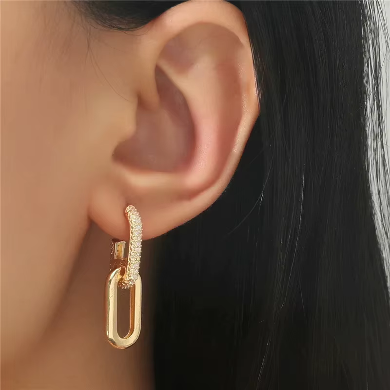 Boucles d'oreilles rétro en zircone, Design de chaîne, couleur or argent, rondes géométriques irrégu