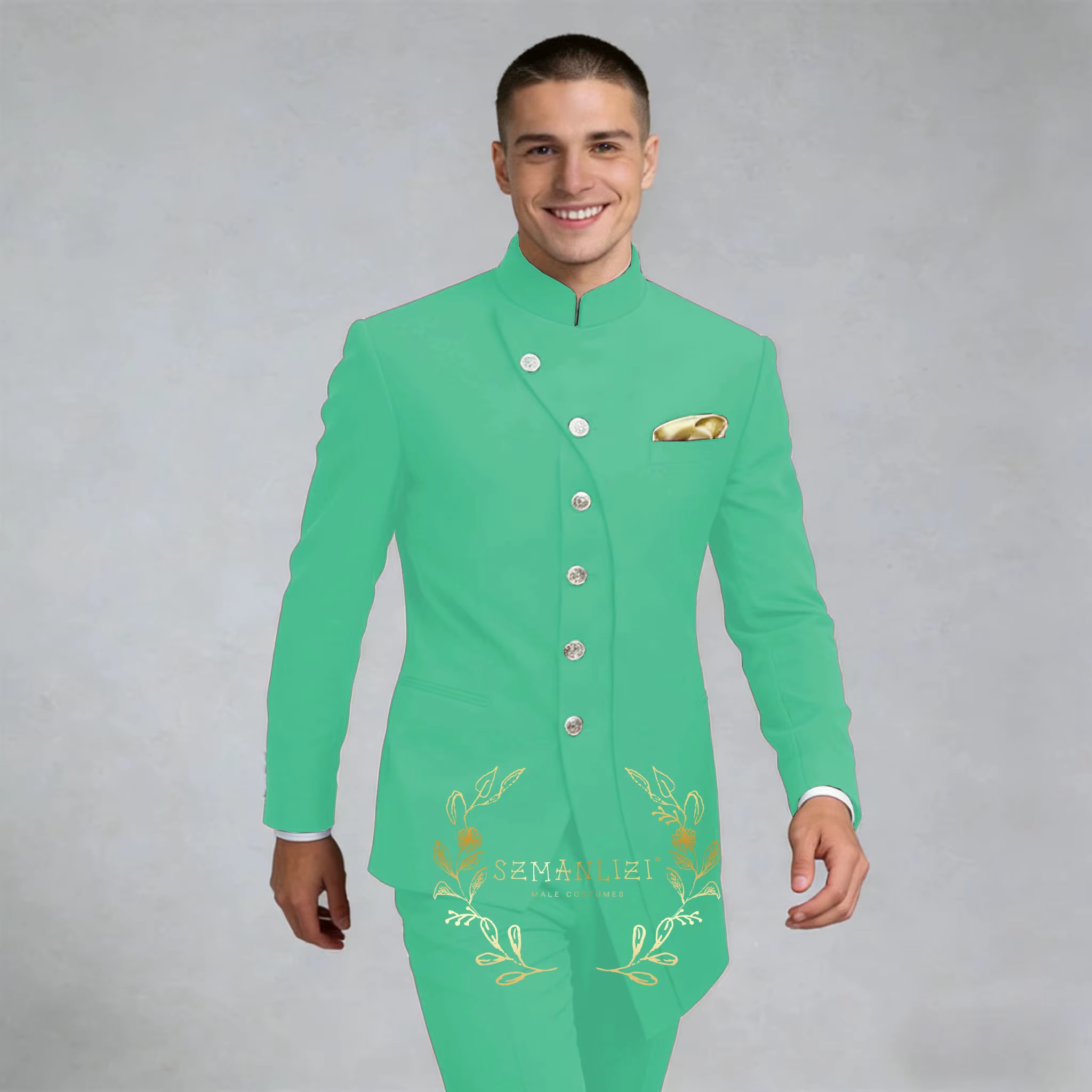 Costume de Mariage Homme Bleu Royal à Col Montant, Ensemble 2 Pièces (Veste et Pantalon) pour Marié,