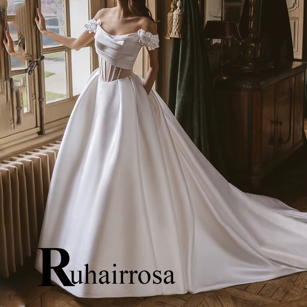 Ruhair – robe de mariée tendance, épaules dénudées, fleurs 3D, Corset plissé, ligne a, traîne Court,