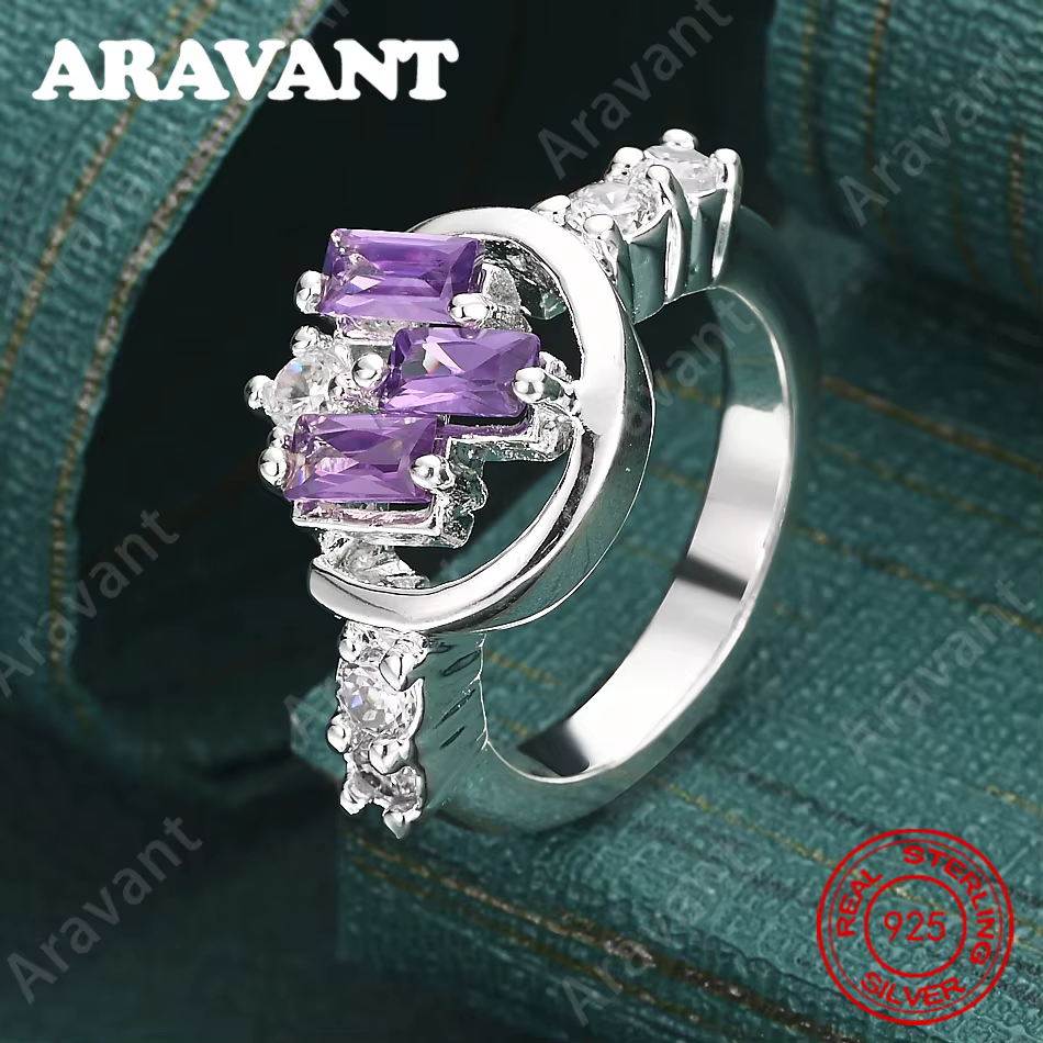 Bague en argent sterling 925 avec zircon violet à trois faces : un bijou vintage, élégant et sophist