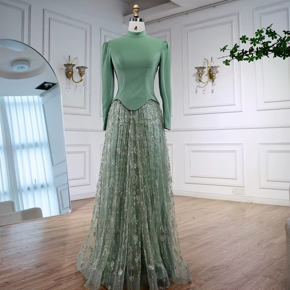 Robe de soirée musulmane verte sauge élégante, avec jupe perlée, pour fête de mariage, Serene Hill 2