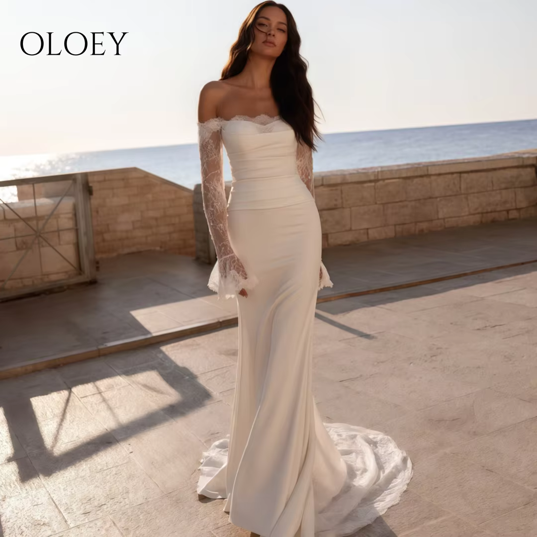 Robes de mariée en satin OLOEY style minimaliste avec châle en mousseline, robes de mariée sirène él