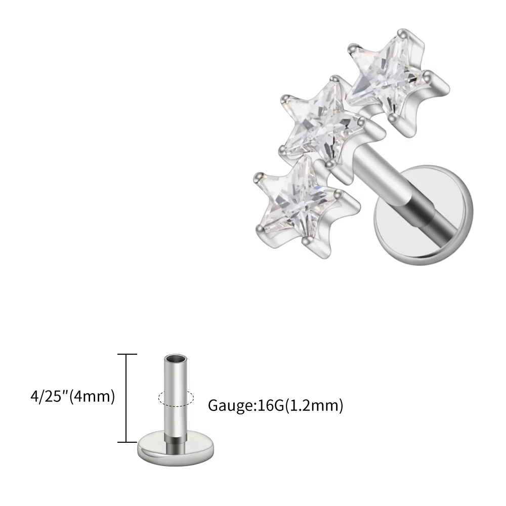 Right Grand Boucle d'oreille triple étoile en titane ASTM F136, filetage interne 16 g, pour cartilag