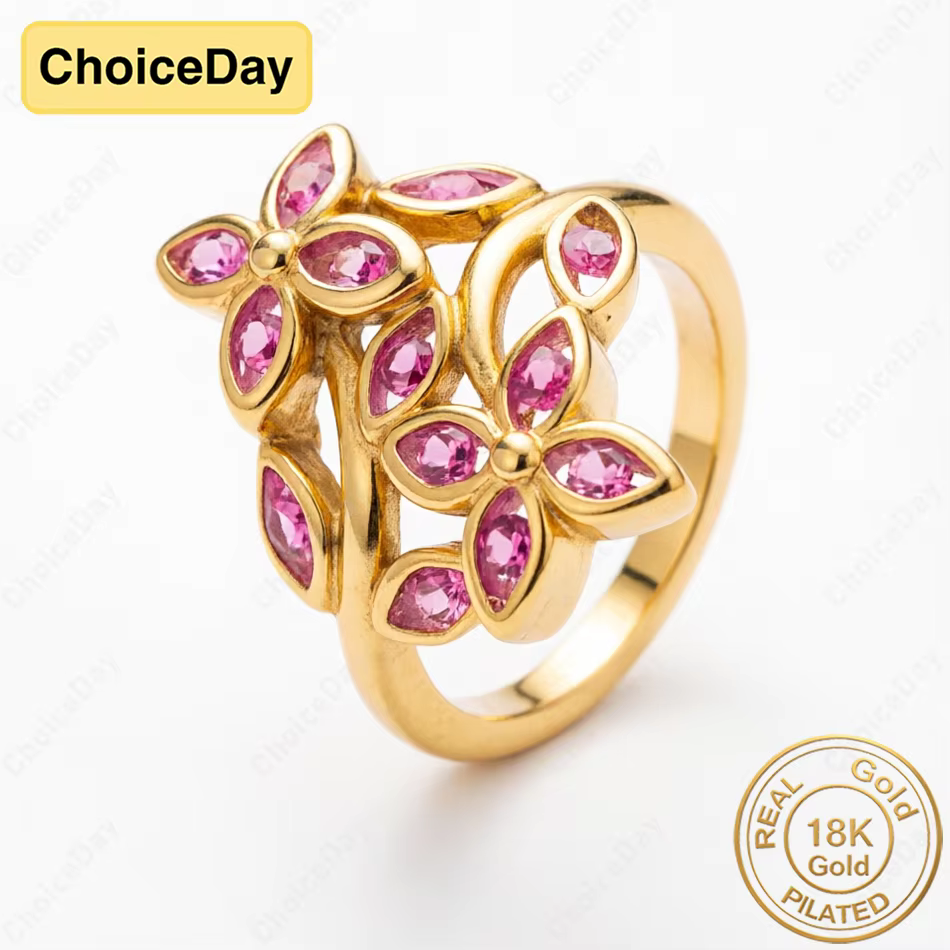 Bague de luxe plaquée or 18 carats avec double fleur en zircon rose pour femme, accessoire de mode p