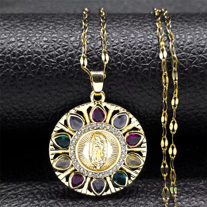 Collier avec Pendentif Vierge Marie en Cuivre pour Homme et Femme, Bijou Esthétique en Acier Inoxyda