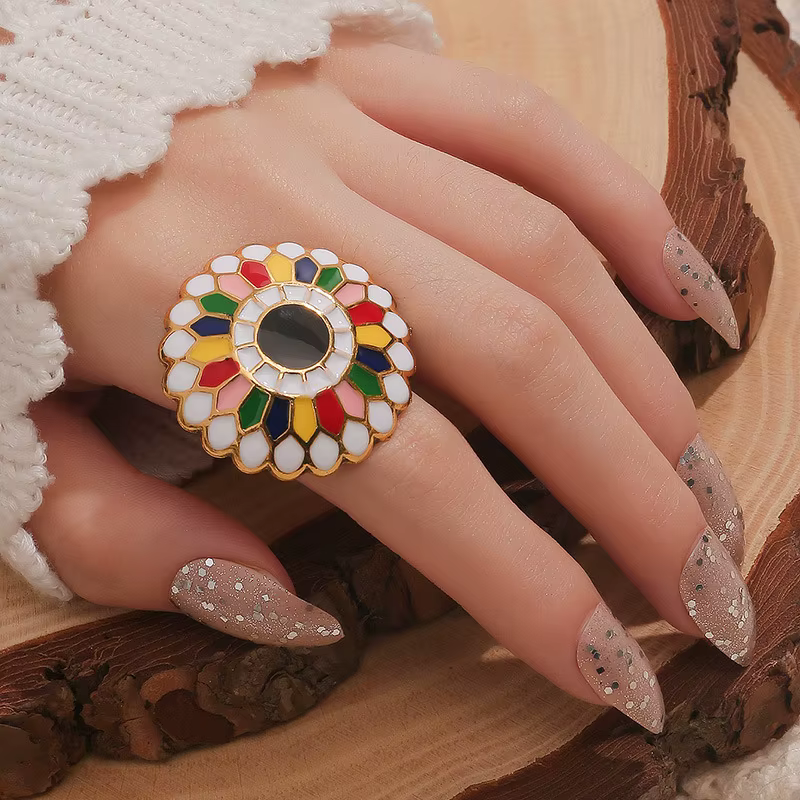 Bague de fleurs colorées vintage bohème pour femme, accessoires de bijoux ethniques, grand document 
