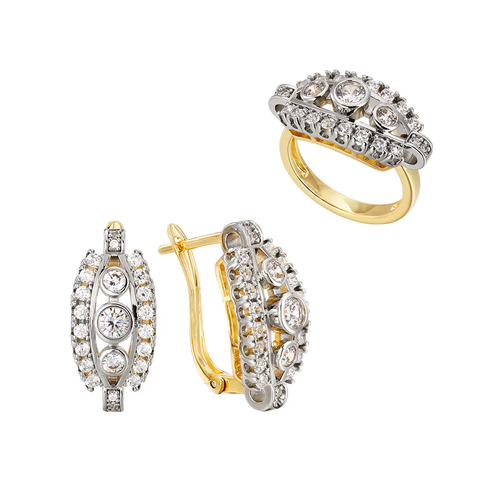 Ensemble de boucles d'oreilles et bague en zircon incrusté, design marquise, plaqué cuivre, or 14 ca