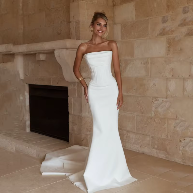 Robe de mariée sirène Simple ivoire pour femmes, Sexy, sans manches, sans bretelles, plissée, traîne