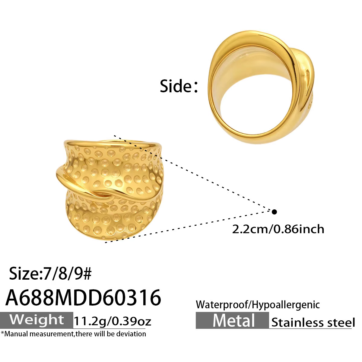 Bague martelée en acier inoxydable Ars plaquée or 18 carats, large et irrégulière, style hyperbole, 