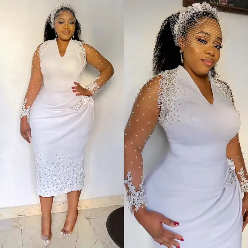Robe de Mariée en Satin à Manches sulfet Col en V, Décalque de Perles de Luxe, Décoration, Courte, F
