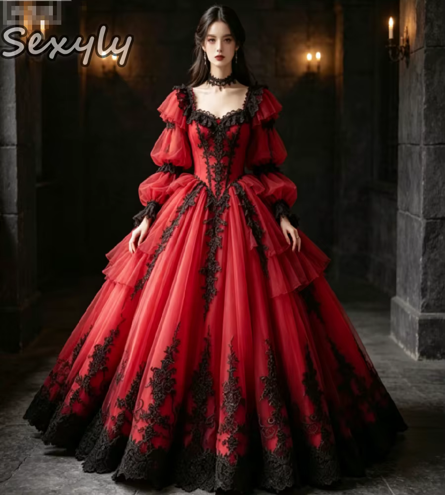 Robe de mariée gothique victorienne rouge et noire 2026, costume de vampire pour Halloween, robes de