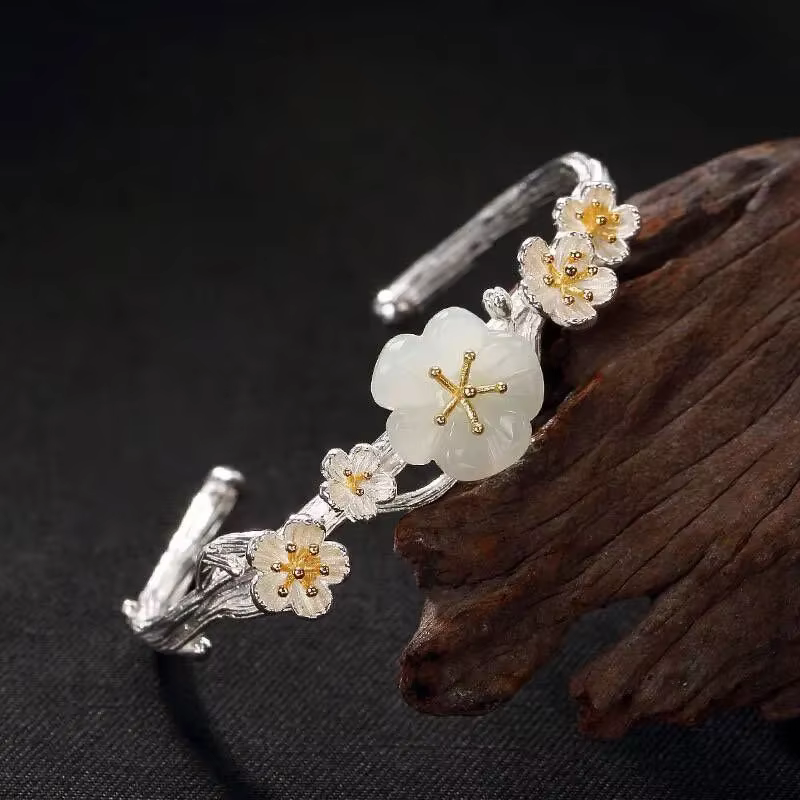 Bracelet plaqué platine pour femmes, bijoux de Style ethnique, fleur de prunier en Jade blanc, cadea