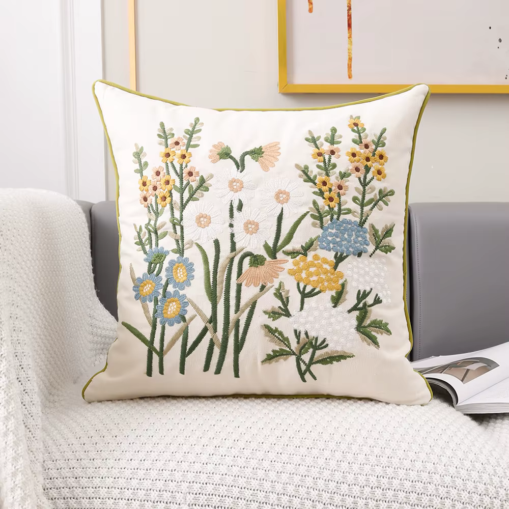Juste de Coussin en Coton Brodé Floral Pastoral Européen, Taie d'Oreiller pour Siège de Canapé, Déco