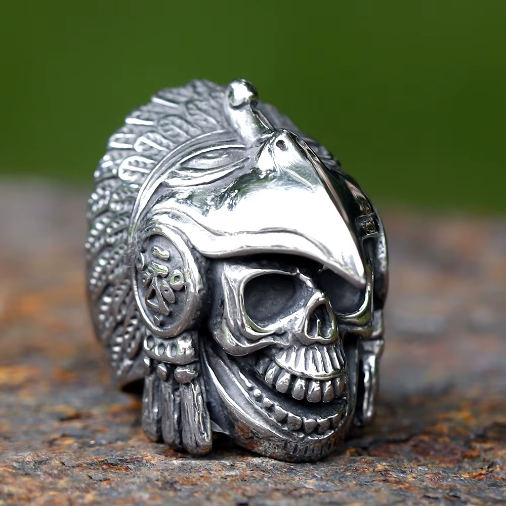 Bague tête de mort en acier inoxydable pour homme, bijoux punk, cadeau, prairie, indien, aztèque, ai