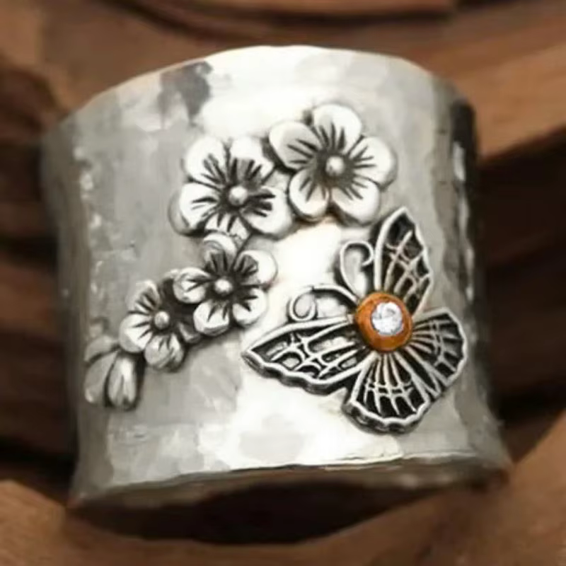Bague bicolore Huitan pour femme, motif fleur et papillon, style frais, accessoires de fête vintage,