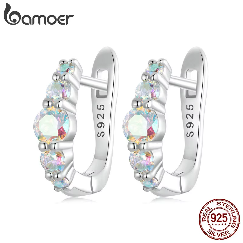 BAMOER 925 en argent Sterling rêveur arc-en-ciel Zircon boucles d'oreilles U forme Huggie boucles d'