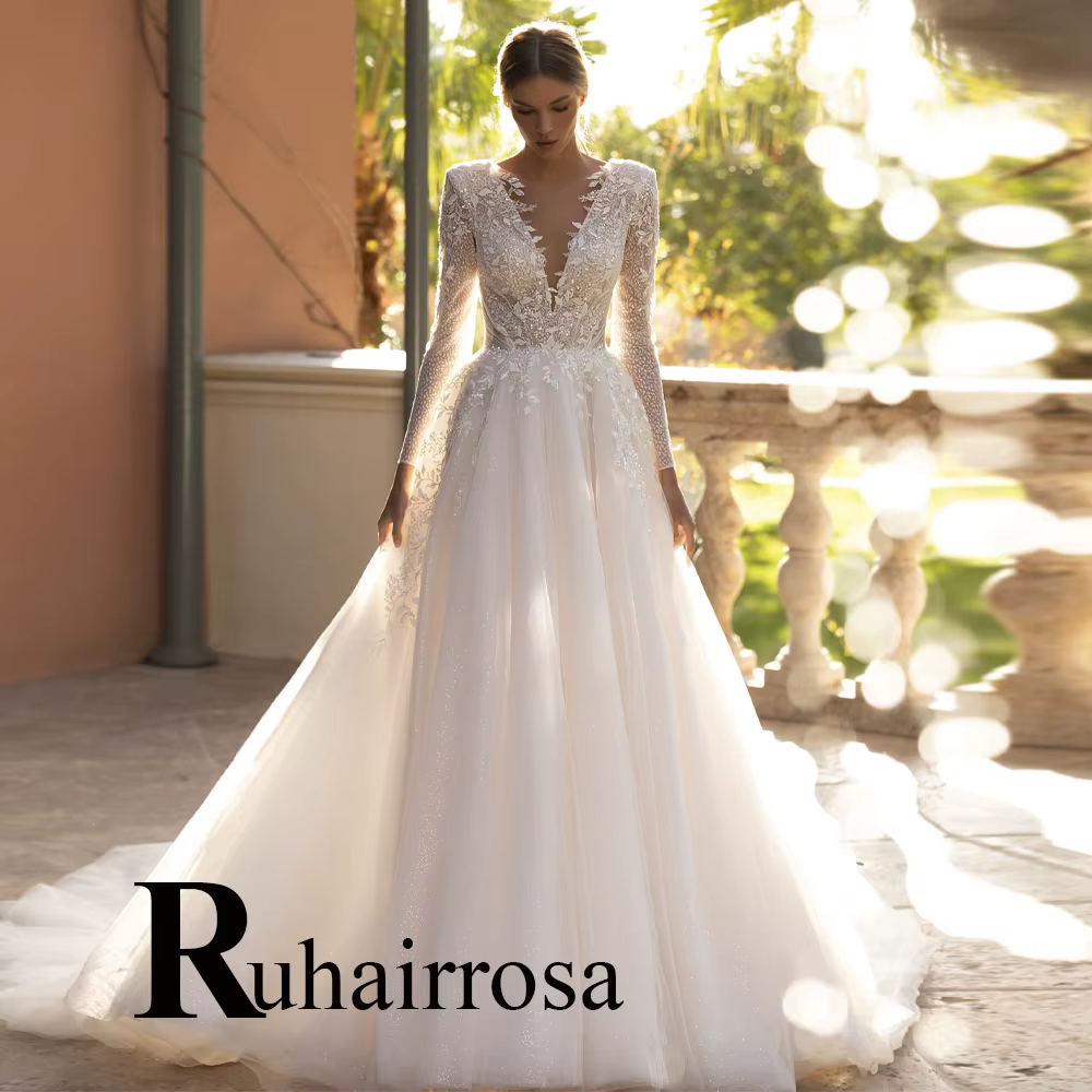 Ruhair robe de mariée classique pour mariée a-ligne col rond Appliques bouton Court Train Tulle fian