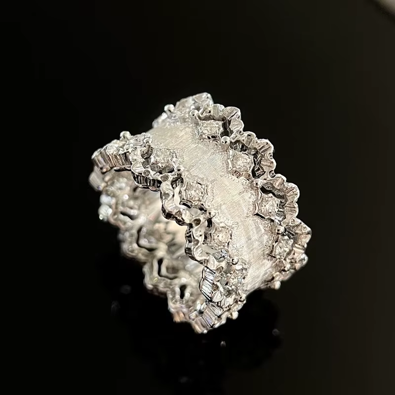 Bague en argent 925 incrustée de diamants étincelants pour femme, dentelle brossée, bague de fiançai