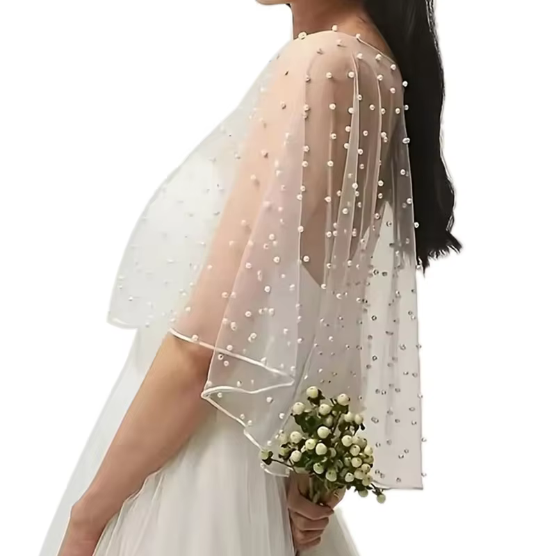 Perle perlée enveloppe de mariage col bijou transparent doux Tulle devant court Long dos châle acces