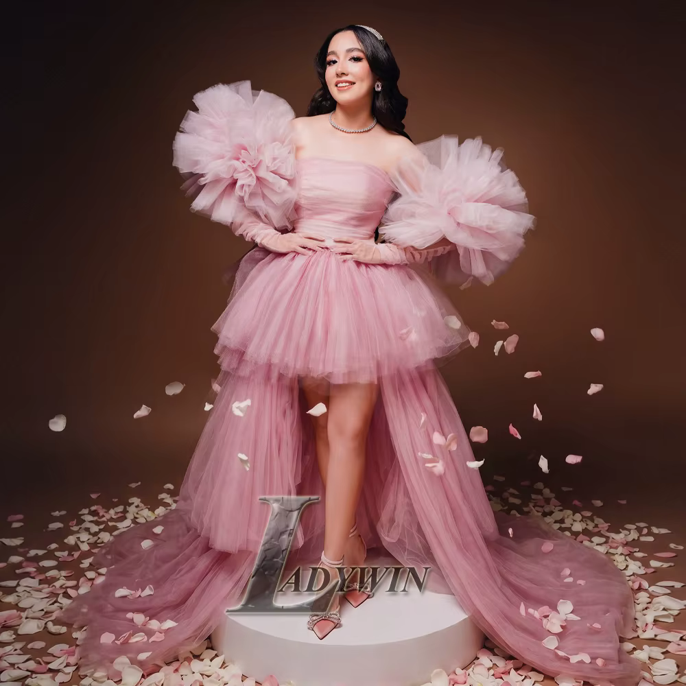 Robes de Soirée LADYWIN Personnalisées en Tulle Rose, Épaules Dénudées, Manches Bouffantes, Volants 