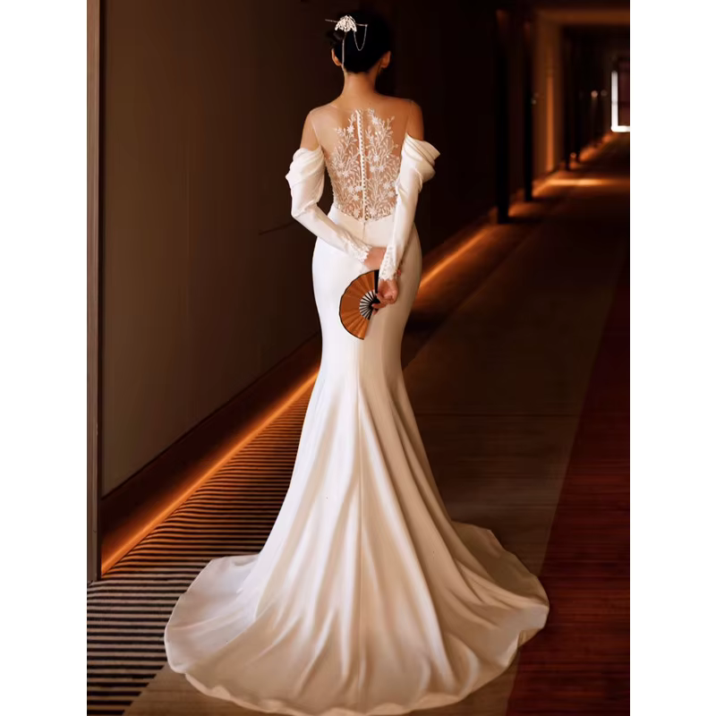 Robes de mariée queue de poisson amincissantes, manches longues, blanc, minimaliste français, mariée