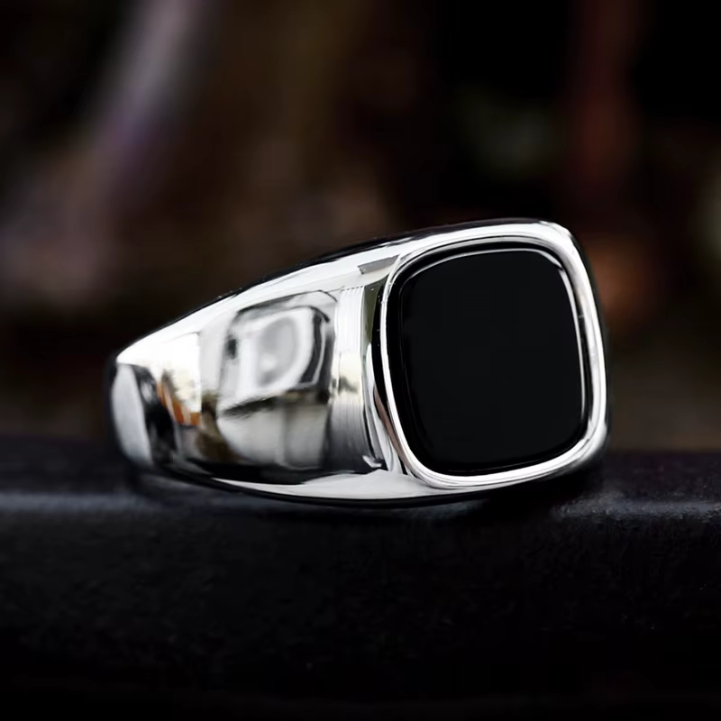 Bague en acier inoxydable poli pour hommes, pierre d'agate noire, pierre précieuse carrée, bijoux fa