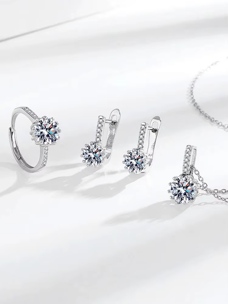 Ensemble de bijoux exquis en argent sterling S925, bague en platine, collier, boucles d'oreilles