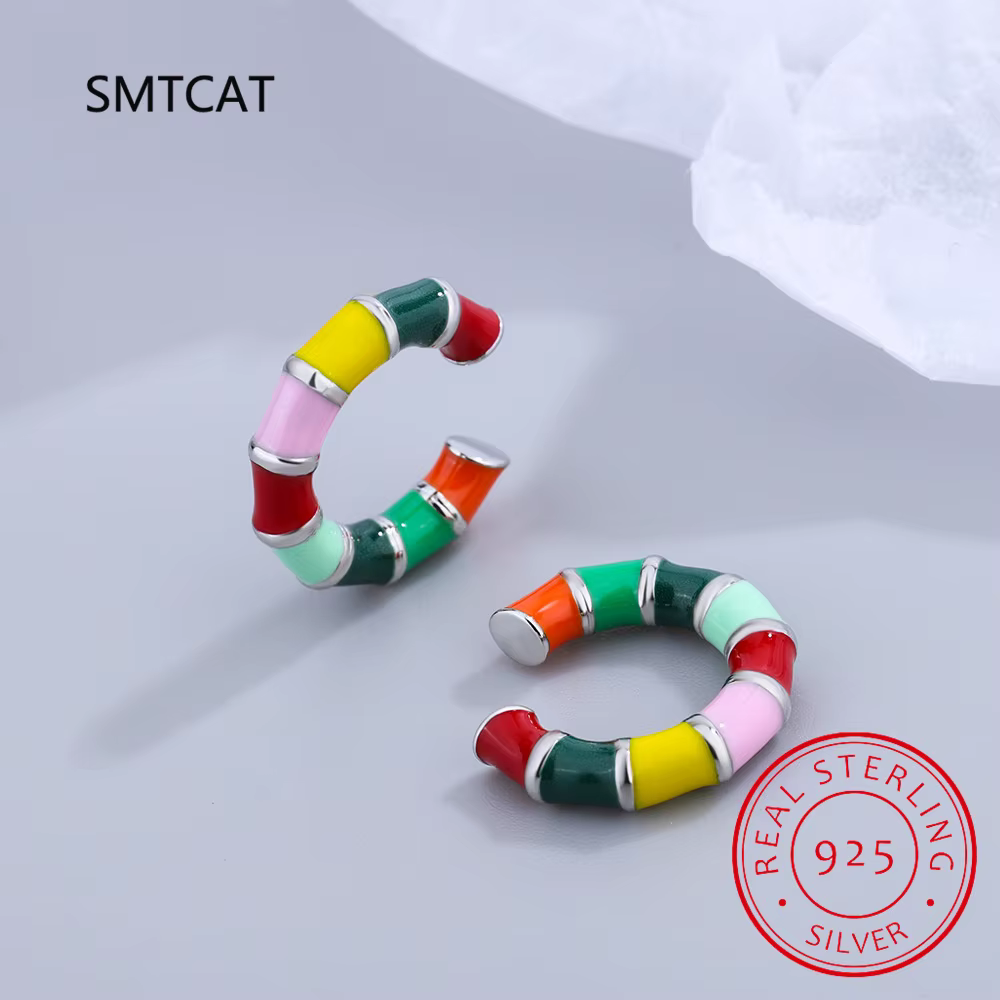 925 argent Sterling émail coloré arc-en-ciel bonbons oreille manchette Clip sur boucle d'oreille pou