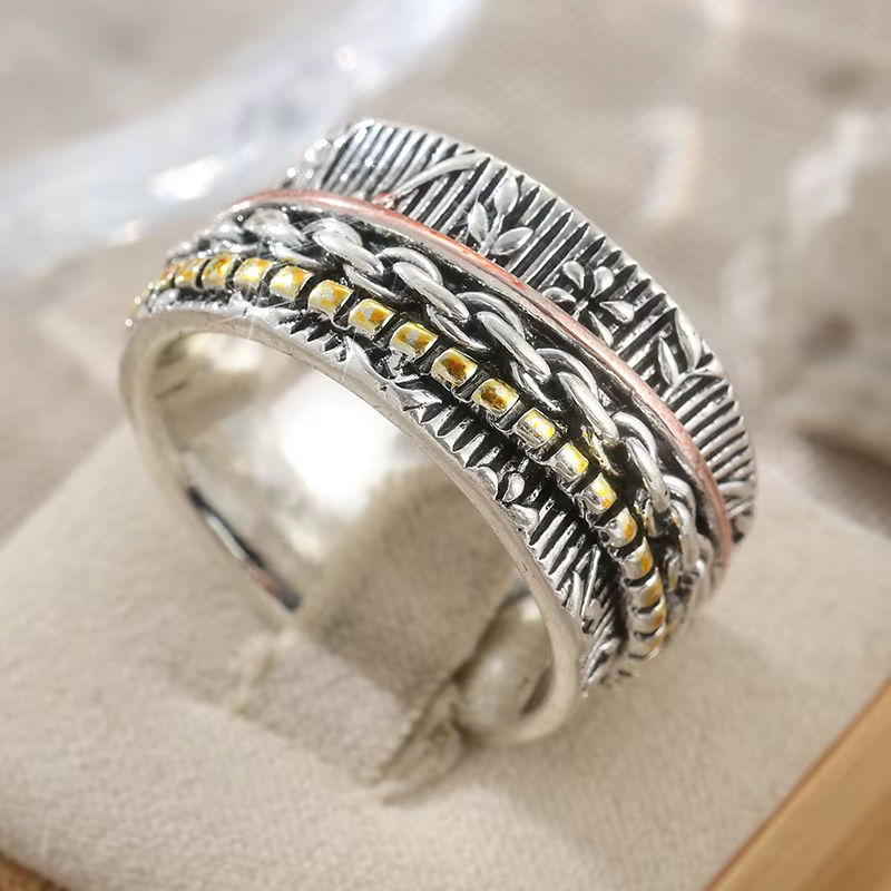 Bague large vintage pour femme, sculptée à la main en forme de tortue, en métal bicolore, géométriqu