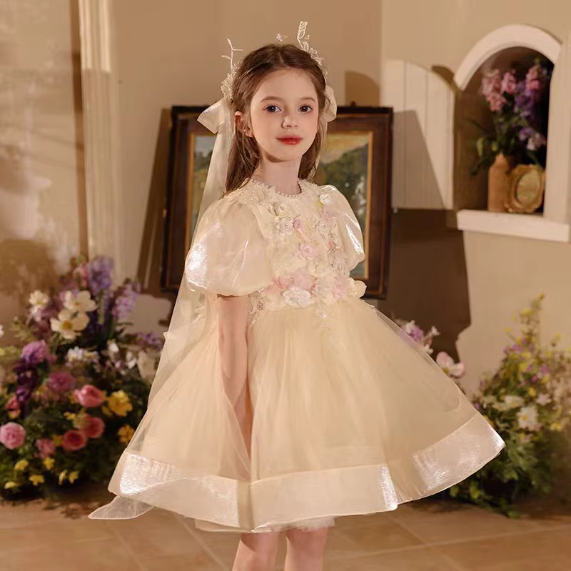 Jill Wish J504 élégant champagne 3D fleurs fille robe perlée a-ligne princesse enfants mariage anniv
